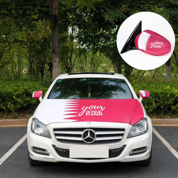 A car hood cover flag in pink and white with a design space, featuring a sleek car parked outdoors. Car Hood Cover Flag - Image 1