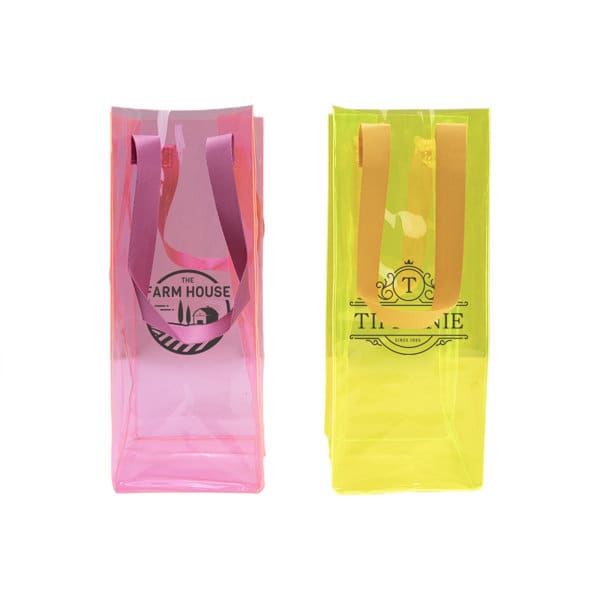 A clear jelly wine ice bag in pink and yellow, featuring handles and logos on each side. Clear Jelly Color Wine Ice Bag - Image 1