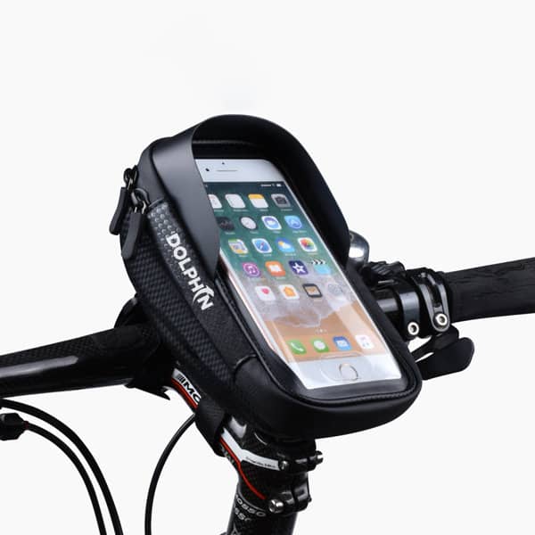 A waterproof bike handlebar bag in black, featuring a transparent top for smartphone visibility and a logo. Waterproof Bike Handlebar Bag - Image 1