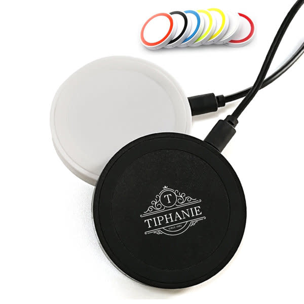 A wireless charger in black and white with a logo, accompanied by a selection of coloured charging pads. Custom Wireless Charger - Image 1