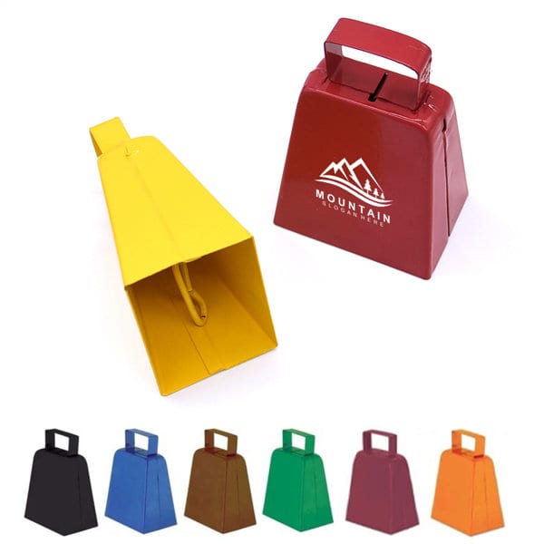 A collection of metal cowbells in various colours, including yellow, red, black, brown, green, and orange, with a handle. Noisemaker Metal Cowbell - Image 1