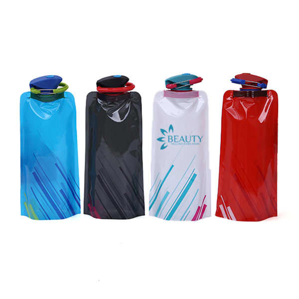 A drink bottle set in blue, black, white, and red, featuring a logo and a foldable design for easy storage. PE Foldable Sports Water Bottle - Image 1