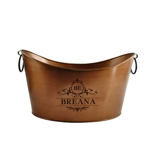 A large, bronze-coloured galvanized ice bucket with handles and a decorative logo. Large Galvanized Ice Bucket With Handle - Image 1