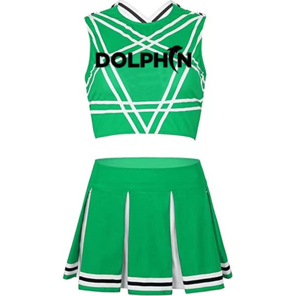 A green cheerleading costume featuring a crop top with crisscross patterns and a matching skirt, with a logo. Custom Cheerleading Costume - Image 1