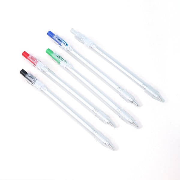 A selection of eco-friendly clear ballpoint pens in black, blue, red, and green, featuring various branding logos. RPET Eco-friendly Clear Ballpoint Pen - Image 1