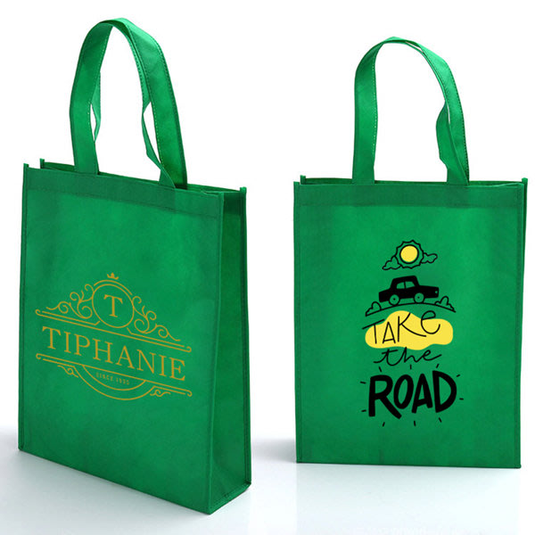 A green RPET non-woven shopping bag featuring a logo on one side and a car graphic on the other. RPET Non-woven Shopping Bag - Image 1