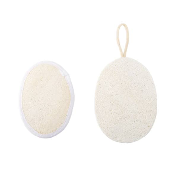 Exfoliating loofah sponge pads in white, featuring a loop for hanging. One pad is oval-shaped and the other is flat. Promotional Exfoliating Loofah Sponge Pad - Image 1