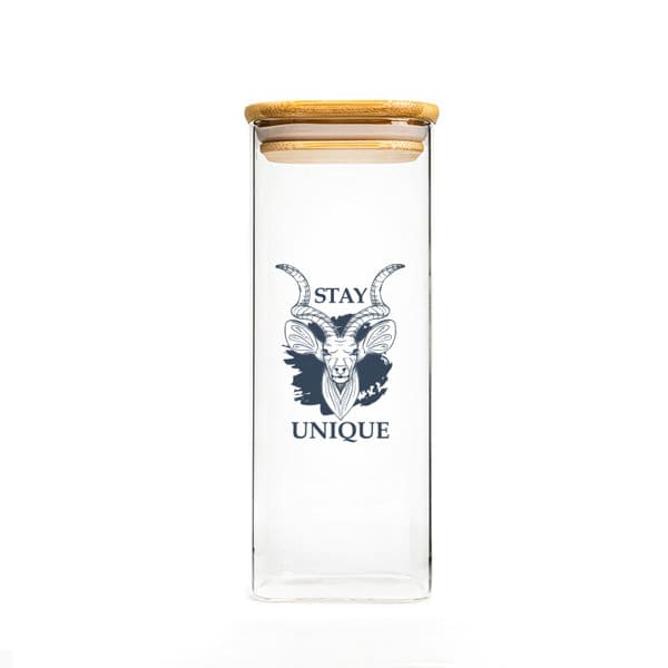 A drink bottle made of clear high borosilicate glass with a wooden lid and a decorative logo featuring a goat design. Large High Borosilicate Glass Storage Tank - Image 1