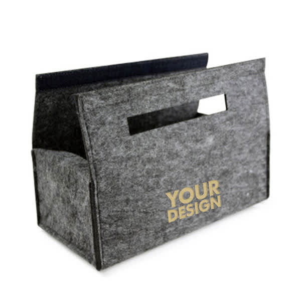 A grey felt storage box with handles, featuring an area for custom designs. It has a sleek, minimalist design. RPET Felt Tissue Storage Box - Image 1