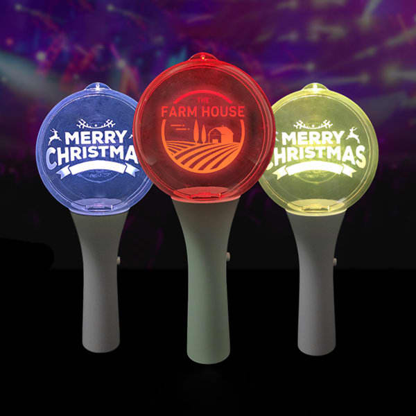 A trio of LED acrylic flashing sticks in blue, red, and yellow, featuring various illuminated designs and logos. Custom LED Acrylic Flashing Stick - Image 1