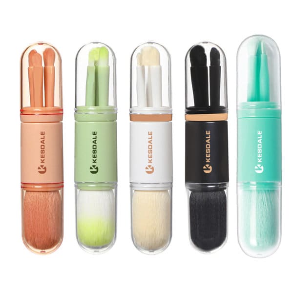A 4-in-1 retractable makeup brush set featuring various brush heads in pastel colours, housed in clear cases with branding. 4 In 1 Retractable Makeup Brush Set - Image 1