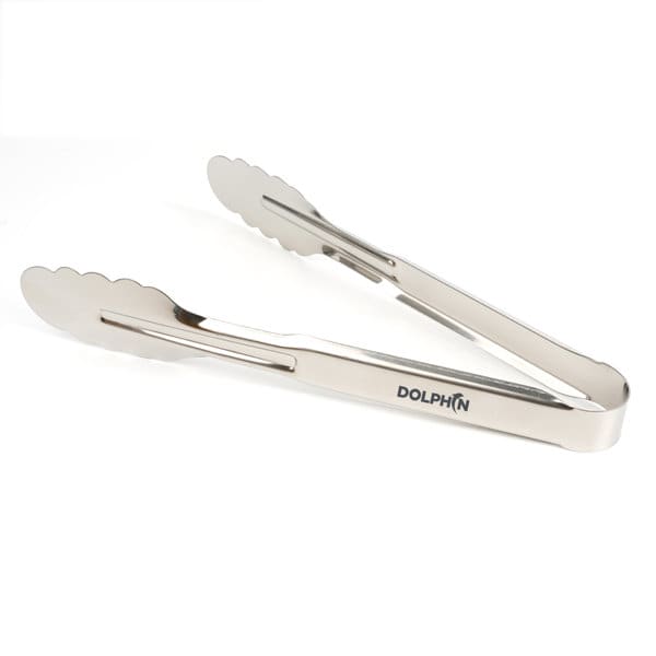 Stainless steel grill tongs with a logo, featuring a shiny silver finish and scalloped gripping edges. Stainless Steel Grill Tong - Image 1