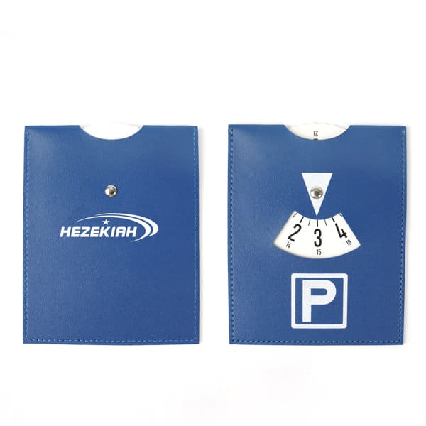 A blue PU leather parking disc with a logo and a circular dial indicating parking times. PU Leather Parking Disc - Image 1