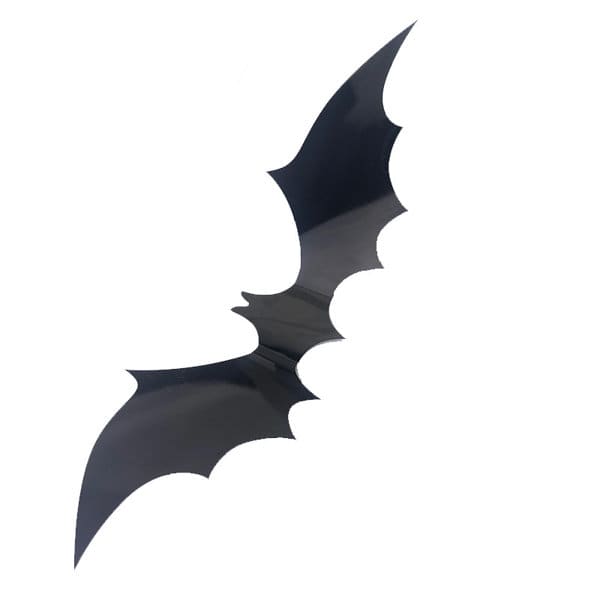 Black 3D bat decoration with pointed wings, suitable for Halloween-themed décor. Features a glossy finish. 11Pcs 3D Bat Halloween Decoration Decals - Image 1