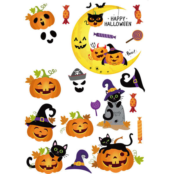 A Halloween window clings set featuring black cats, pumpkins, a moon, and spooky symbols in vibrant colours. Halloween Window Clings Set - Image 1