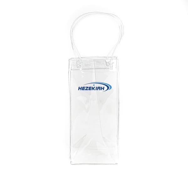 A clear PVC portable wine ice bag with a handle and a logo. Ideal for carrying bottles. PVC Portable Wine Ice Bag With Handle - Image 1