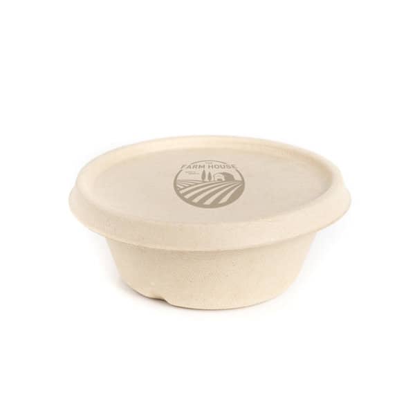 A round biodegradable food bowl in a natural colour with a matching lid and a logo imprinted on the surface. Round Biodegradable Food Bowl With Lid - Image 1