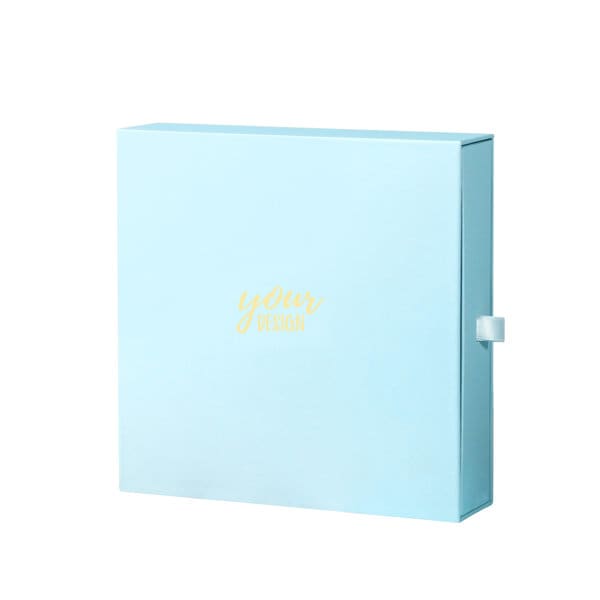 A light blue custom paper drawer box featuring a logo on the front and a ribbon closure. Custom Paper Drawer Box - Image 1
