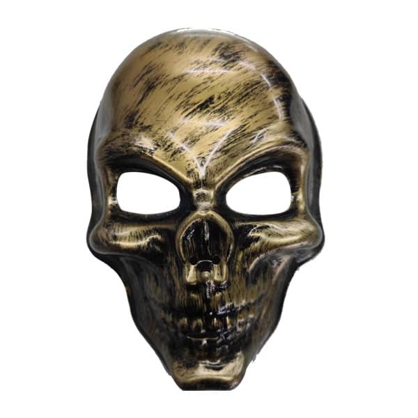 A Halloween skull full face mask in gold and black with hollow eye sockets and textured detailing. Halloween Skull Full Face Mask - Image 1