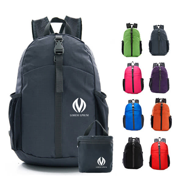 Lightweight packable hiking backpack in various colours, featuring a logo and a compact storage pouch. Lightweight Packable Hiking Backpack - Image 1