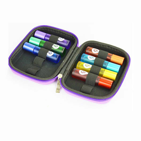A purple essential oil carrying case holds ten coloured bottles secured with elastic straps inside. 10 Bottles Essential Oil Carrying Case - Image 1