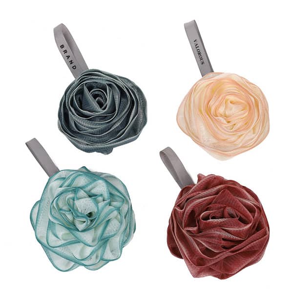 Flower-shaped shower balls in blue, peach, teal, and burgundy, with hanging loops and a distinct logo on some. Flower Shaped Shower Ball - Image 1