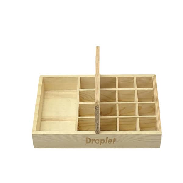A wooden essential oil display storage unit with multiple compartments, featuring a natural wood finish and a central divider. Wooden Essential Oil Display Storage - Image 1