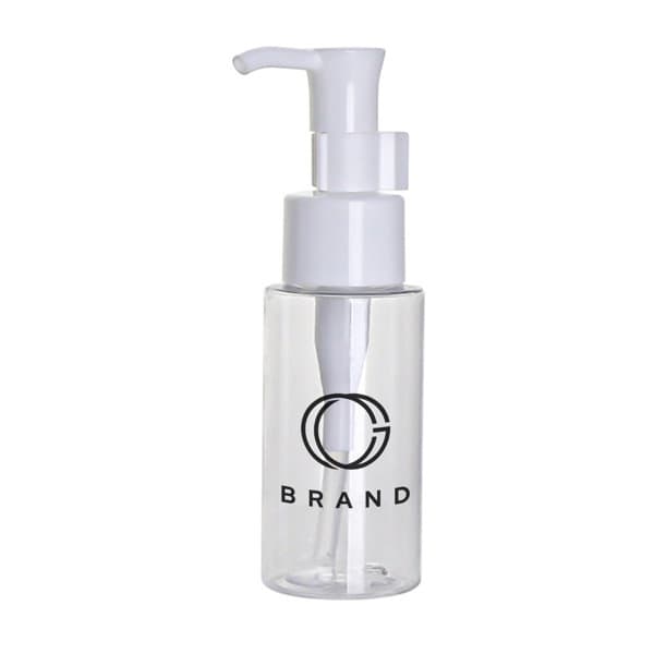 A transparent 3 oz. pump bottle with a white pump lid and a logo on the front. Ideal for hand sanitiser. 3 oz. PET Transparent Pump Bottle - Image 1