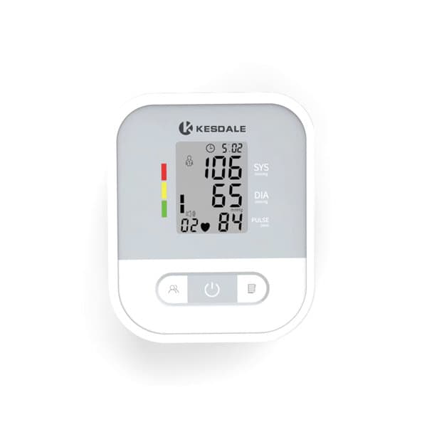 A white blood pressure monitor featuring a digital display with coloured indicators for readings. It includes a logo. Promo Arm Blood Pressure Monitor - Image 1