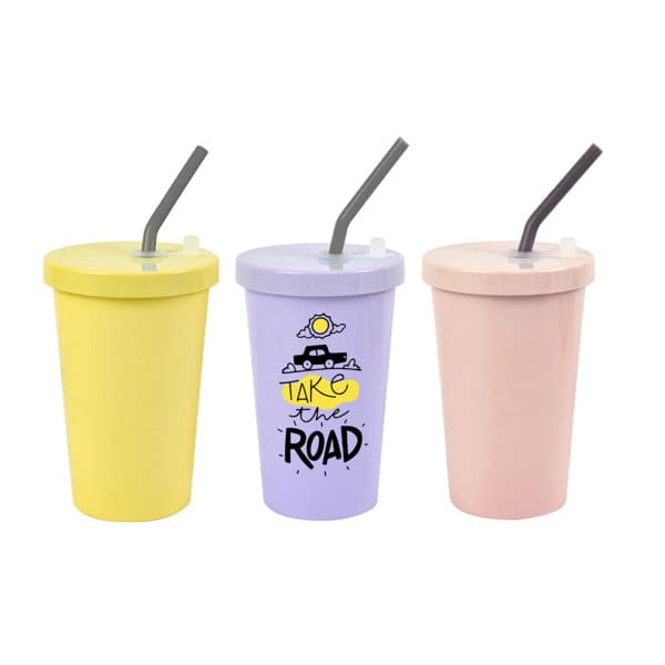 A drink bottle set featuring three reusable coffee cups in yellow, lavender, and pink, each with a silicone straw and logo. 15 oz. PLA Coffee Cup With Silicone Straw - Image 1