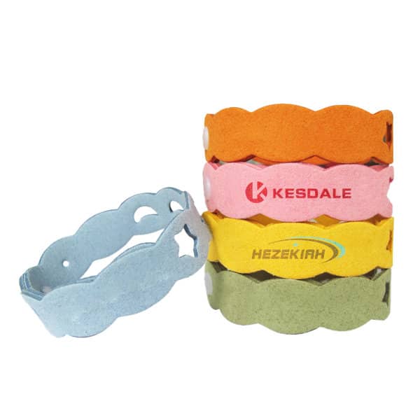 A set of mosquito repellent bracelets in blue, orange, yellow, and green, with various branding logos. Mosquito Repellent Bracelet - Image 1
