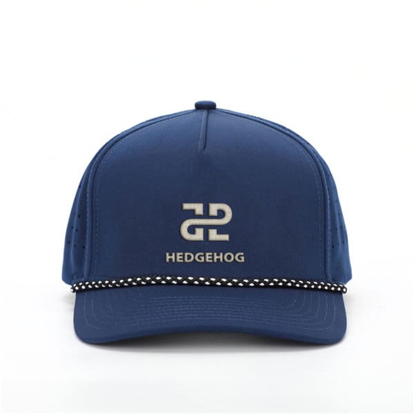 A navy cap with a mesh back, featuring a logo and a decorative rope around the brim. Mesh Back Rope Cap - Image 1
