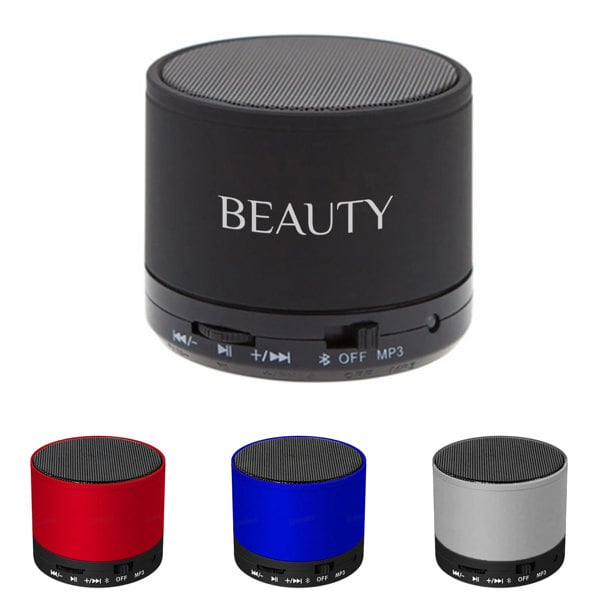 A portable wireless speaker in black with controls on the side, accompanied by red, blue, and silver versions. Portable Wireless Speaker - Image 1