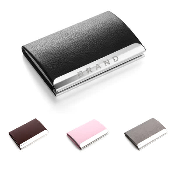 A sleek black stainless steel card holder with a textured finish and a shiny silver clasp. Other colours include brown, pink, and grey. Lychee Patten Stainless Steel Card Holder - Image 1