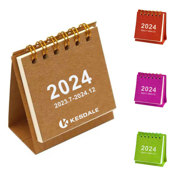 A portable mini desk calendar in brown with metal rings, featuring colourful versions in pink and green. Portable Mini Desk Calendar - Image 1