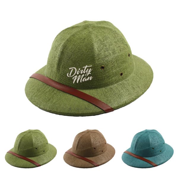A green straw pith helmet with a brown band, featuring a logo. Available in additional colours: brown and blue. Straw Pith Helmet - Image 1