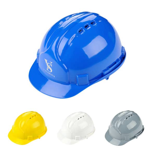 A blue ABS safety helmet with vents, accompanied by yellow, white, and grey variants, all featuring logos. ABS Safety Helmet - Image 1