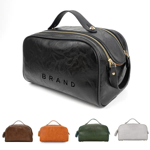 A black portable cosmetic bag with a zip closure and gold accents, alongside colour variations in brown, orange, green, and white. PU Portable Cosmetic Bag Set - Image 1