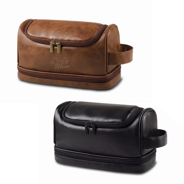 A brown PU leather double layer toiletry bag and a black PU leather toiletry bag with zippers and handles. PU Leather Double Layer Toiletry Bag - Image 1