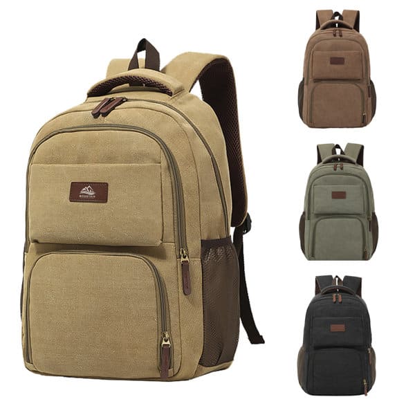 A large capacity leisure backpack in tan with brown accents. Also displayed in green and two shades of brown. Includes a logo. Large Capacity Leisure Backpack - Image 1
