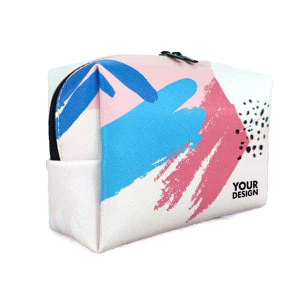 A portable makeup bag featuring a vibrant design with pink, blue, and black patterns, alongside a logo. PU Portable Makeup Bag - Image 1