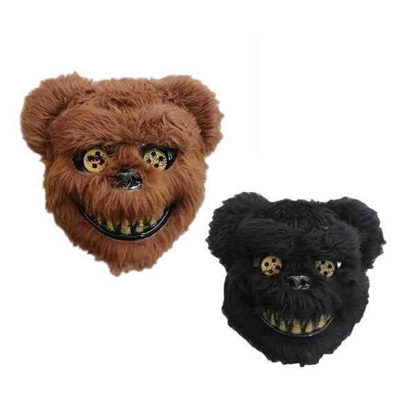 A Halloween plush head mask in brown and black with fur, featuring menacing eyes and a sinister smile. Halloween Plush Head Mask - Image 1