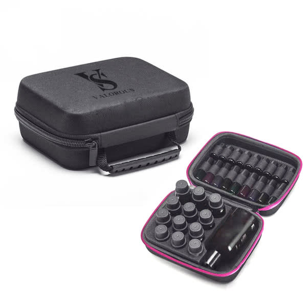 A black carrying case for essential oils with a pink interior, holding multiple vials and featuring a logo. Essential Oils Carrying Case Holder - Image 1