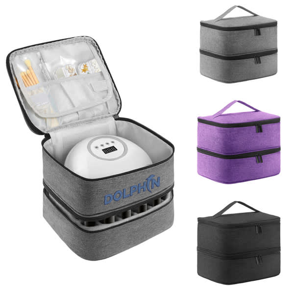 A double-layer nail polish organiser case in grey, featuring compartments for tools and a logo. Available in additional colours. Double Layer Nail Polish Organizer Case - Image 1