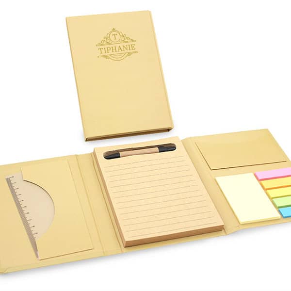 A notepad with a pen and sticky notes in various pastel colours, enclosed in a tan folder with a logo. Notepad With Pen And Sticky Notes - Image 1