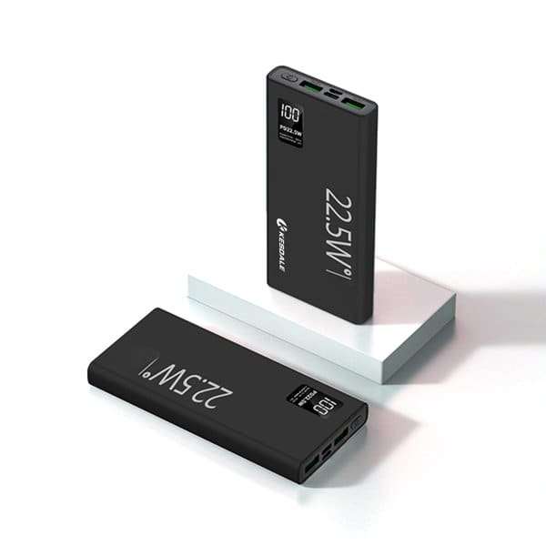 A black custom high-capacity power bank with USB ports and a display showing power output. Features branding. Custom High Capacity Power Bank - Image 1