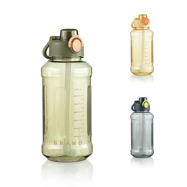 A drink bottle with a scale, featuring a green lid, transparent body, and a logo. Available in multiple colours. Sports Straw Water Bottle With Scale - Image 1
