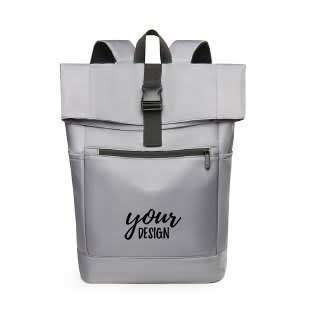 A grey fashionable laptop backpack with a roll-top design and front zipper pocket features a logo. PU Fashionable Laptop Backpack - Image 1