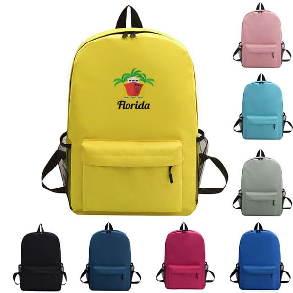 A yellow unisex school backpack featuring a logo, with additional colours: pink, blue, grey, black, and burgundy. Unisex School Backpack - Image 1