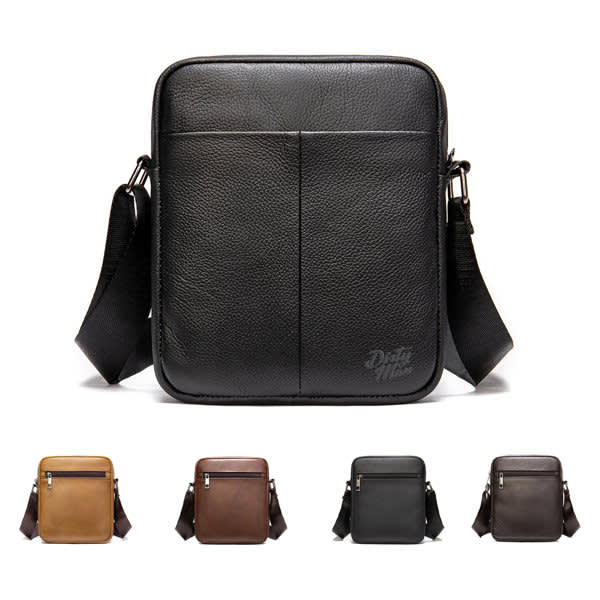 A small leather crossbody bag in black with adjustable strap, featuring sleek design and a logo on the front. Small Leather Crossbody Bag - Image 1